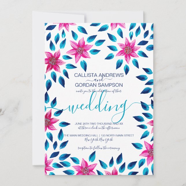 Invitation Fleurs bleu rose Feuille Mariage de peinture acryl (Devant)