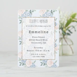 Invitation Fleurs bleu rose romantique Anniversaire