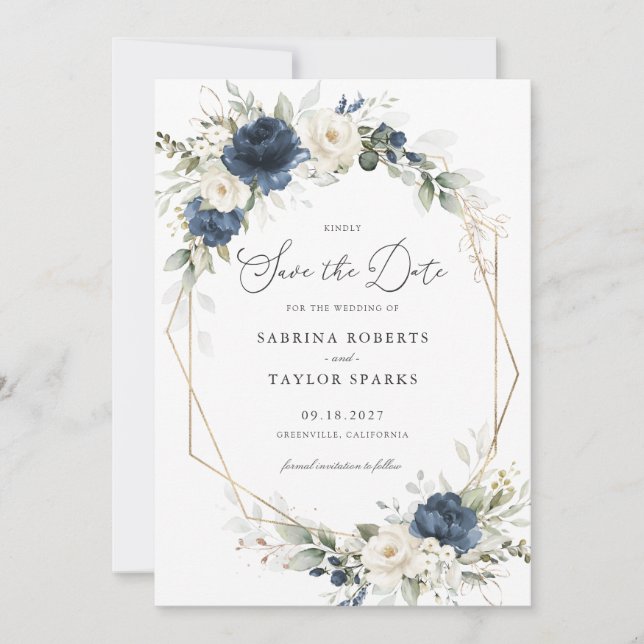 Invitation Fleurs Bleu Vert Or Mariage Enregistrer La Date (Devant)