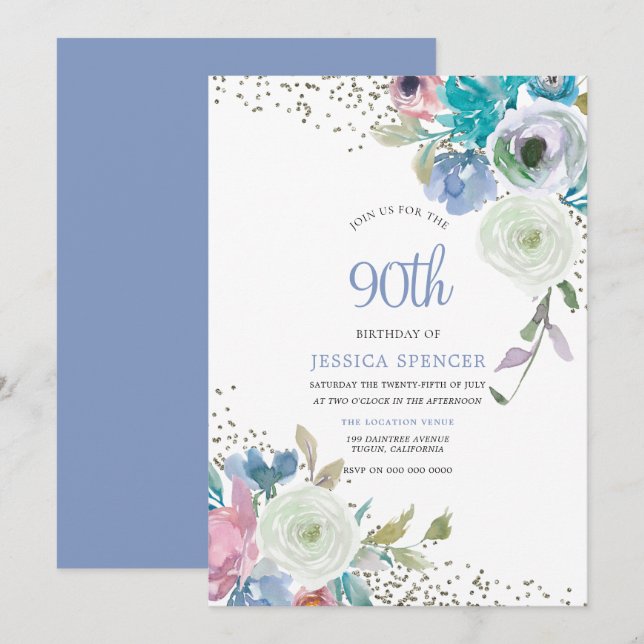 Invitation Fleurs bleues à la menthe magique 90e anniversaire (Devant / Derrière)