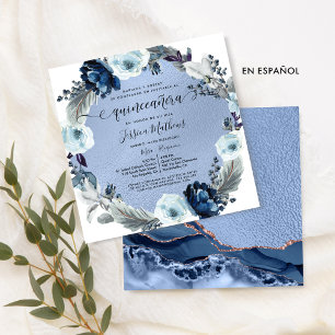 Invitation Fleurs bleues chic espagnol en agate feuille pour 