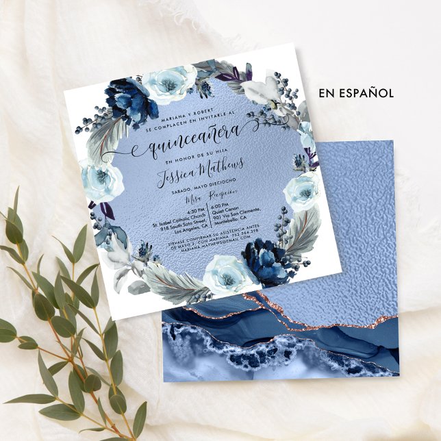 Invitation Fleurs bleues chic espagnol en agate feuille pour  (Créateur téléchargé)