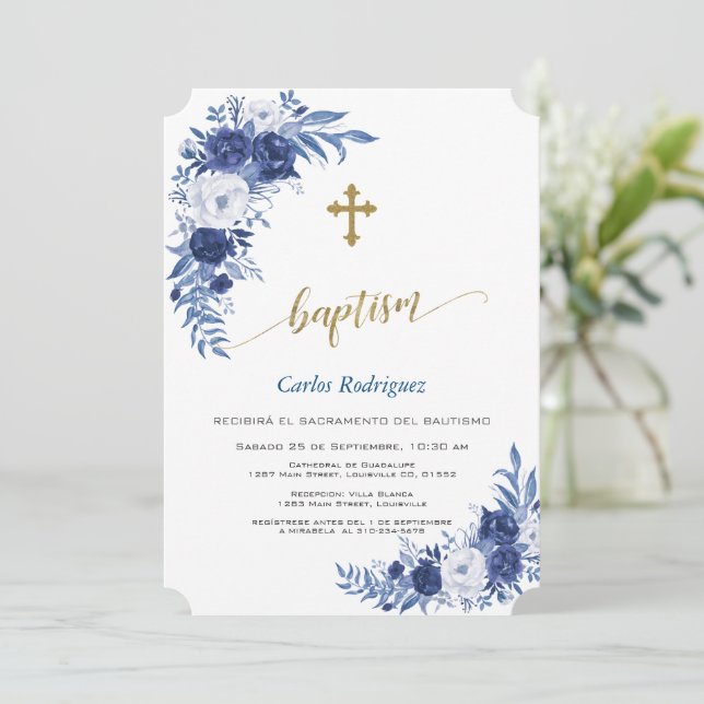 Invitation Fleurs Bleues Classiques Modernes Croix Boy Baptêm (Debout devant)