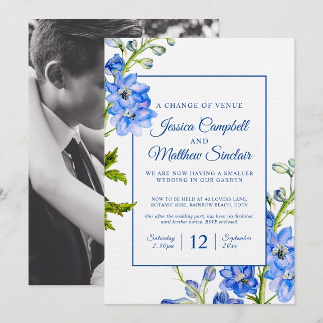 Invitation Fleurs bleues de Delphinium changement de mariage  (Devant / Derrière)