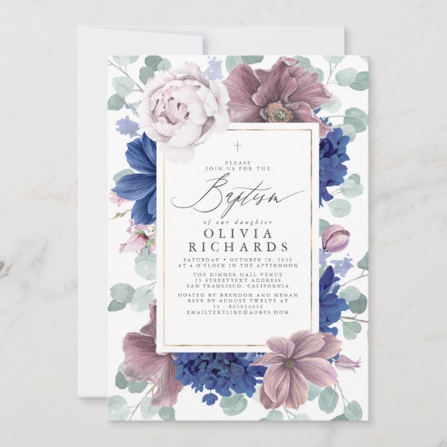 Invitation Fleurs bleues de la marine et du mauve Baptême élé (Devant)