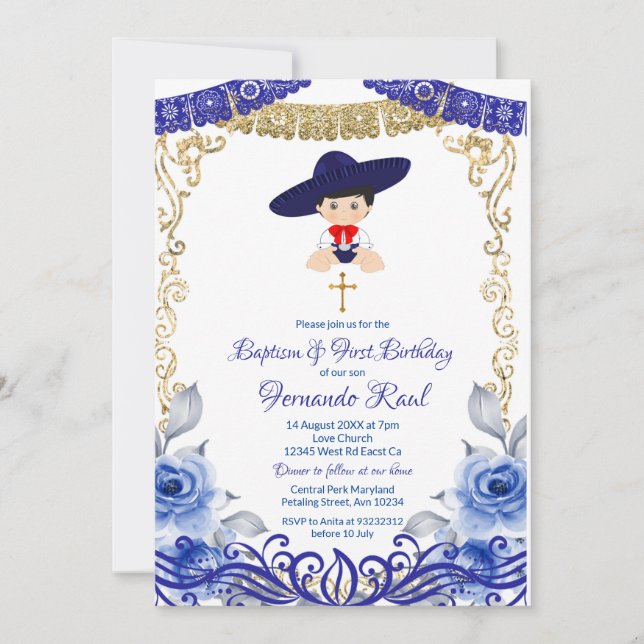 Invitation Fleurs bleues de la Marine Fiesta Baptême et Anniv (Devant)