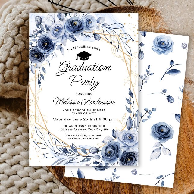 Invitation Fleurs bleues de la Marine Parti de graduation (Créateur téléchargé)