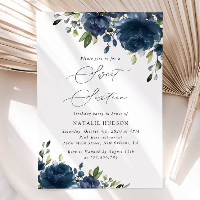 Invitation Fleurs bleues de la Marine, Vert, Boho, Sweet 16 (Créateur téléchargé)