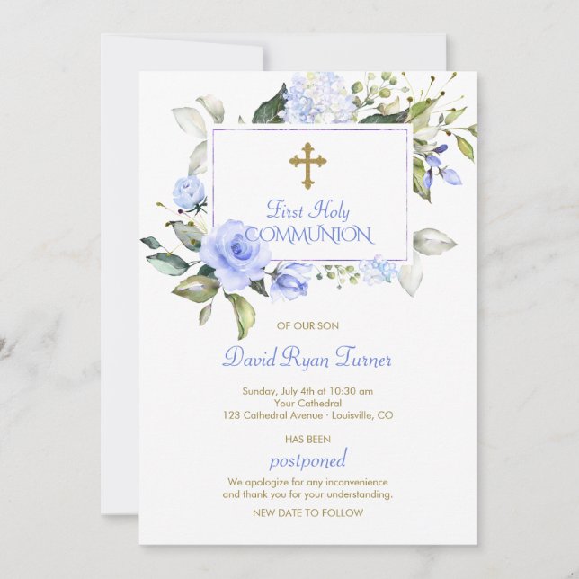 Invitation Fleurs bleues de luxe Or Première Communion sainte (Devant)