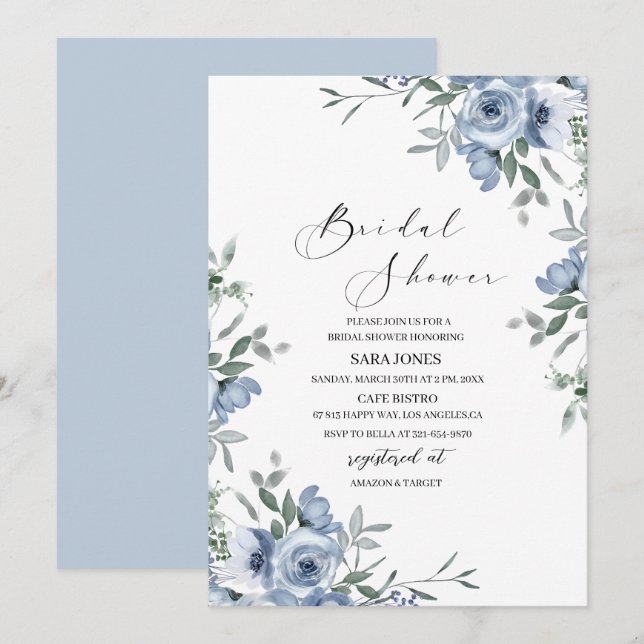 Invitation Fleurs bleues de marine et Fête des mariées feuill (Devant / Derrière)