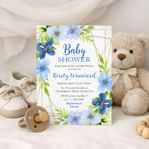 Invitation Fleurs bleues d'été et cadre doré pour Baby Shower