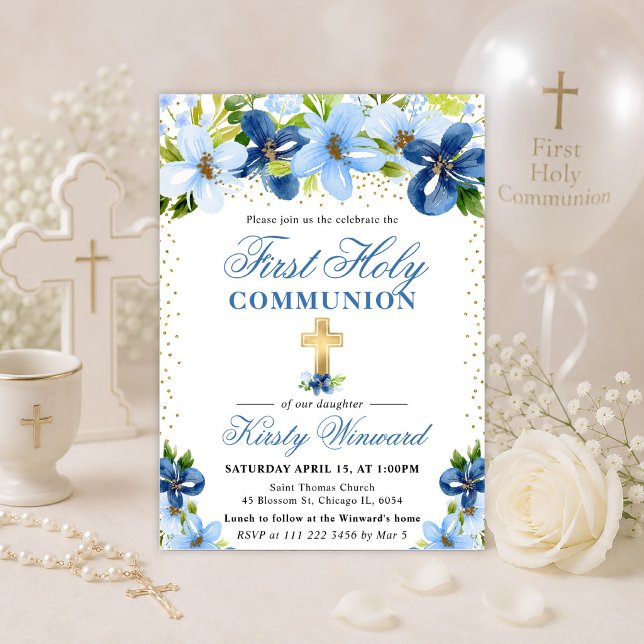 Invitation Fleurs Bleues d'Été Première Sainte Communion (Créateur téléchargé)