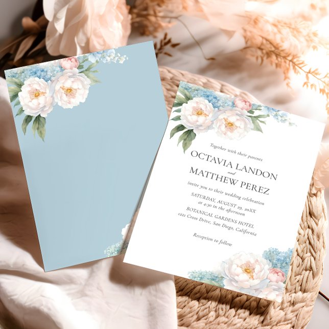 Invitation Fleurs bleues douces et roses classique Botanique (Créateur téléchargé)
