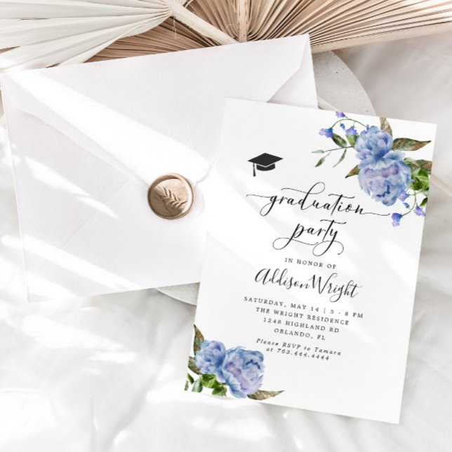 Invitation Fleurs Bleues Élégantes Fête de Graduation (Créateur téléchargé)
