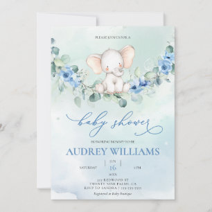 Invitation Fleurs bleues Eléphantes mignonnes