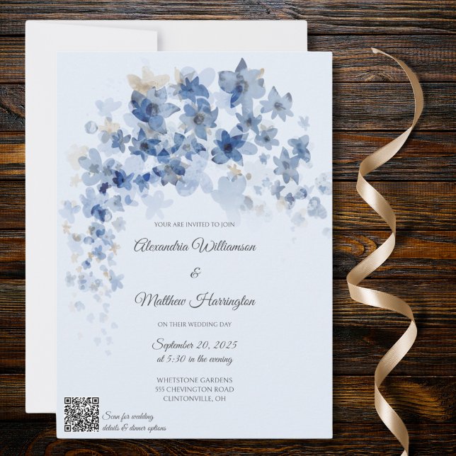 Invitation Fleurs bleues en cascade Mariage QR Code (Créateur téléchargé)