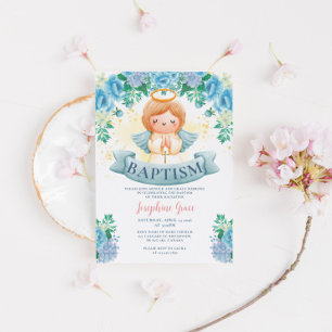 Invitation Fleurs bleues et Baptême d'ange