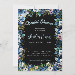 Invitation Fleurs bleues et blanches Fête des mariées noire