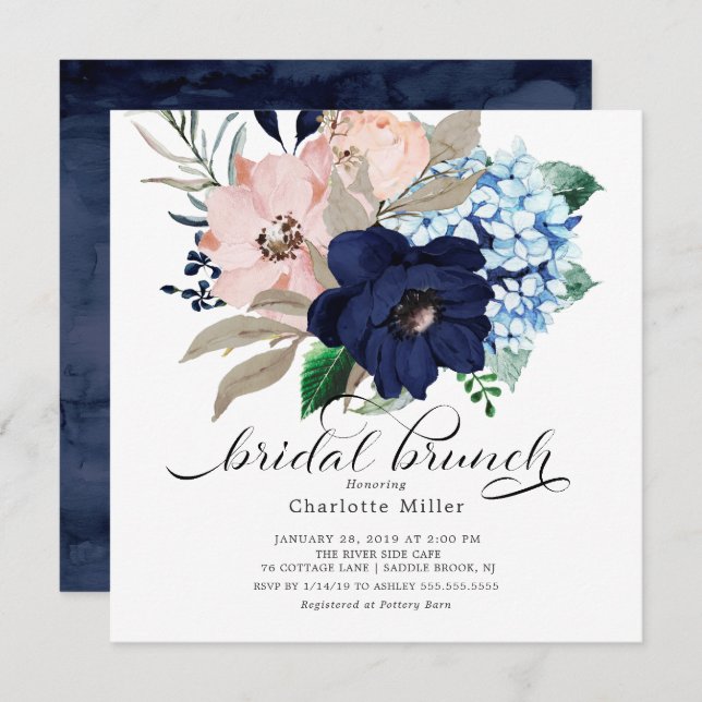 Invitation Fleurs bleues et bleues de la marine Brunch nuptia (Devant / Derrière)