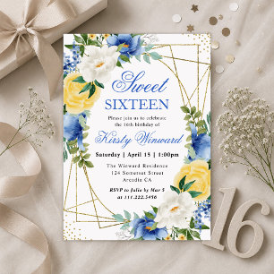 Invitation Fleurs bleues et jaunes Cadre doré Sweet 16