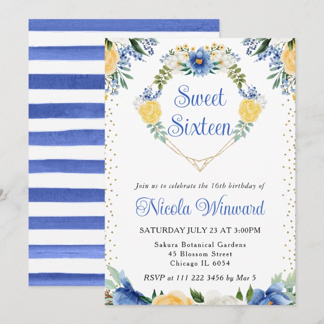 Invitation Fleurs bleues et jaunes Coeur Wreath Sweet 16 (Devant / Derrière)