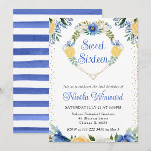 Invitation Fleurs bleues et jaunes Coeur Wreath Sweet 16