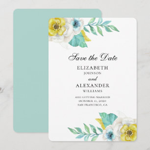 Invitation Fleurs bleues et jaunes. Fleur floral menthe, cart