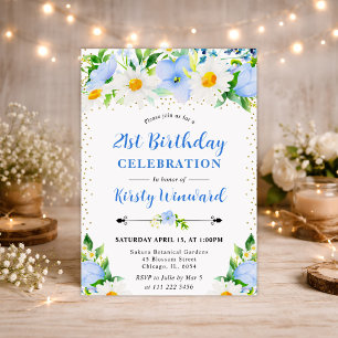 Invitation Fleurs bleues et marguerites à l'aquarelle 21e ann
