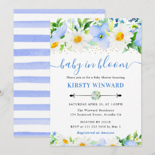 Invitation Fleurs bleues et marguerites à l'aquarelle Baby Sh