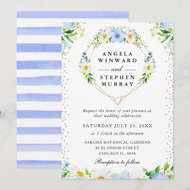 Invitation Fleurs bleues et marguerites Mariage de couronne (Devant / Derrière)