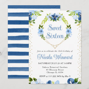 Invitation Fleurs bleues et navy Couronne de coeur Sweet 16