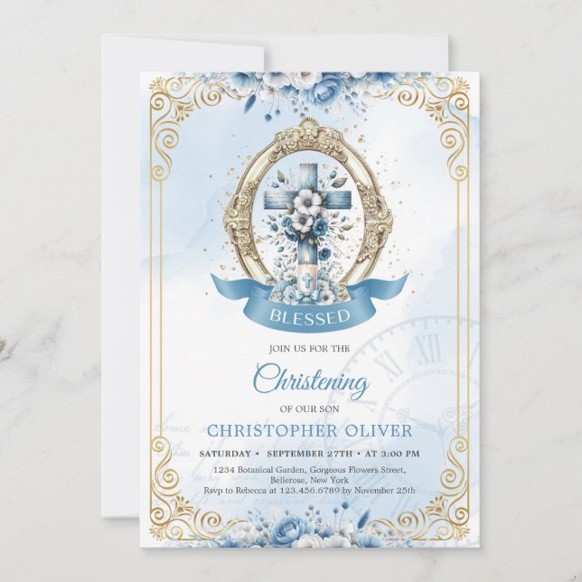 Invitation Fleurs bleues et or rustique croix garçon en bois (Devant)