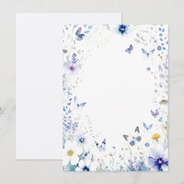 Invitation Fleurs bleues et papillons blanc mariage (Devant / Derrière)