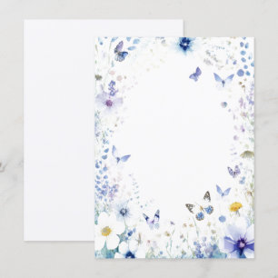 Invitation Fleurs bleues et papillons blanc mariage