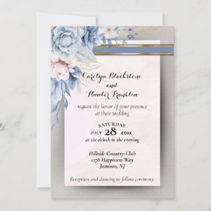 Invitation Fleurs bleues et roses sur mariage rose et gris