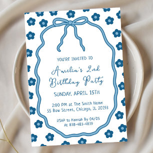Invitation Fleurs Bleues Filles mignonnes et Fête d'Anniversa