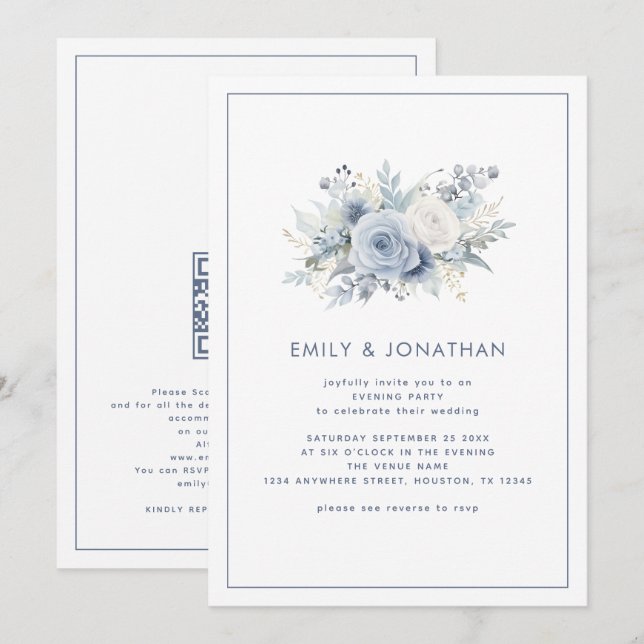 Invitation Fleurs bleues Frontière QR Mariage Soirée (Devant / Derrière)