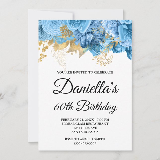 Invitation Fleurs bleues Glam à huile or 60e anniversaire (Devant)
