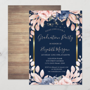Invitation Fleurs bleues,Lumières, Bois, Fête de fin d'études