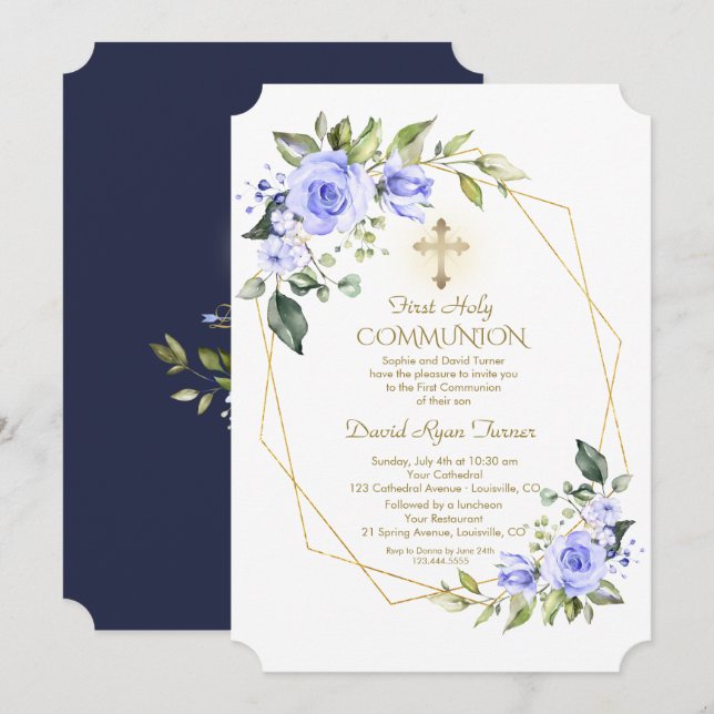 Invitation Fleurs Bleues Luxe Cadre Or Sainte Communion (Devant / Derrière)