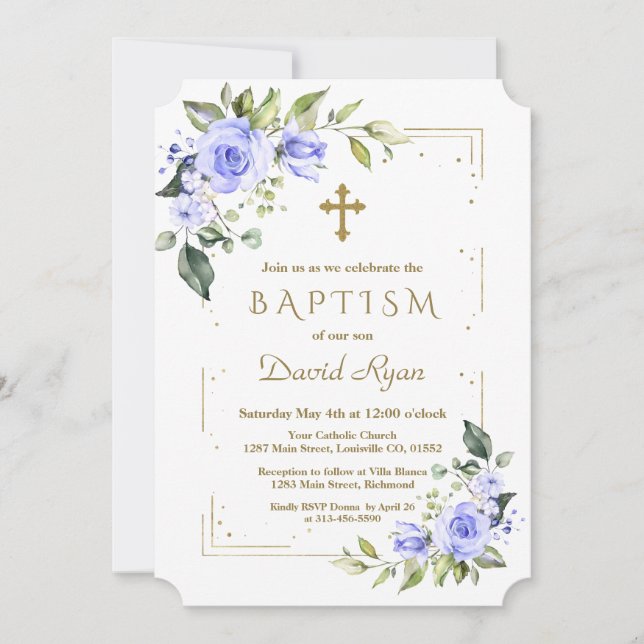 Invitation Fleurs Bleues Luxe Parties scintillant Or Garçon B (Devant)