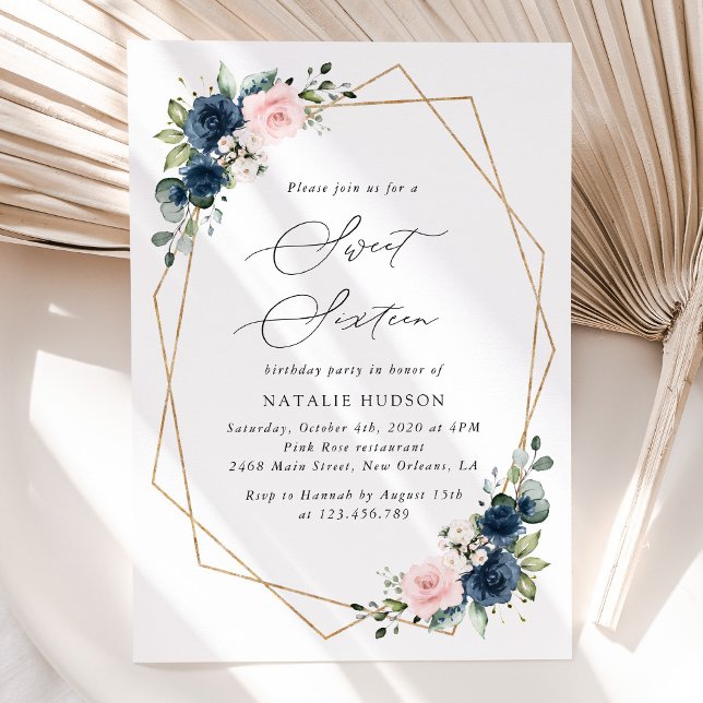 Invitation Fleurs Bleues Marine, Fleurs Roses, Boho, Sweet 16 (Créateur téléchargé)