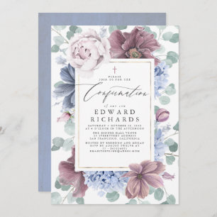 Invitation Fleurs bleues mauves et poussiéreuses Élégante con