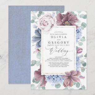 Invitation Fleurs bleues mauves et poussiéreuses Mariage élég