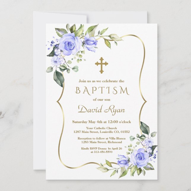 Invitation Fleurs bleues modernes Croix d'or Cadre garçon Bap (Devant)