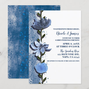 Invitation Fleurs bleues modernes Mariage d'aquarelle fleurie