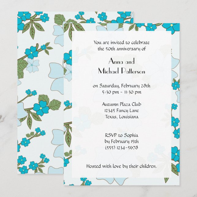 Invitation Fleurs Bleues, Motif De Fleurs, Anniversaire (Devant / Derrière)