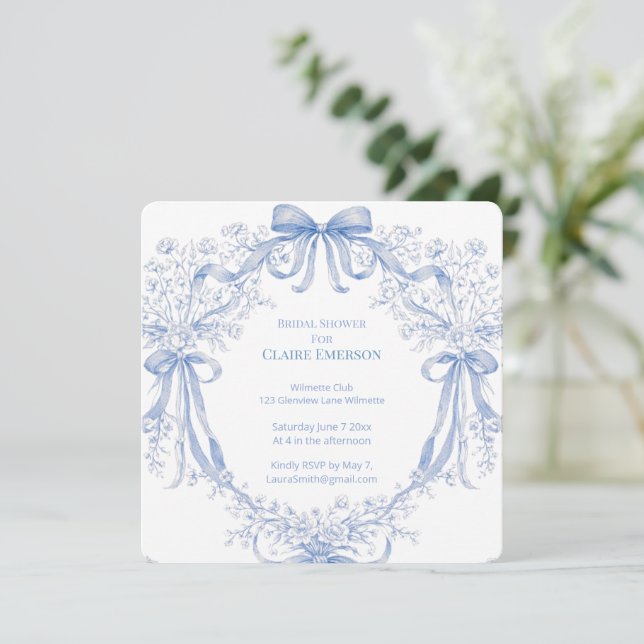 Invitation Fleurs bleues myosotis et rubans fluides (Debout devant)