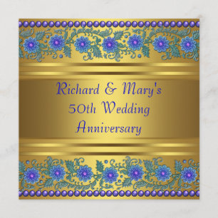 Invitation Fleurs bleues Or 50e anniversaire Mariage