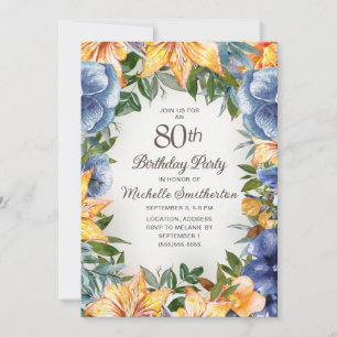 Invitation Fleurs bleues oranges 80e anniversaire